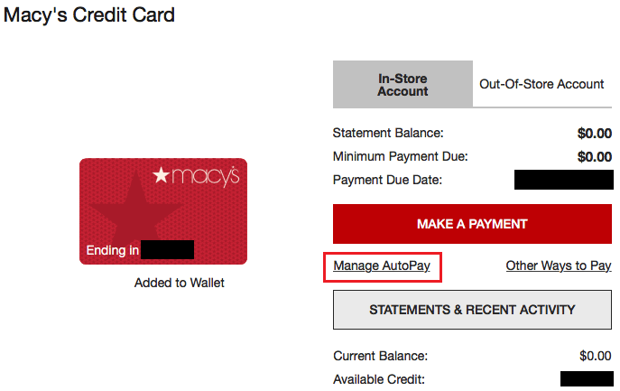 Haga clic en Administrar pago automático |  Cómo eliminar la cuenta de Macy