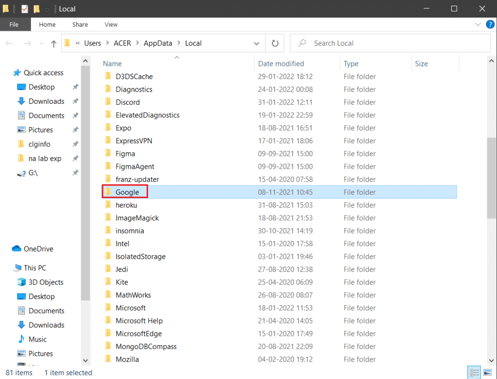 carpeta de google.  Solucione el error HTTP 431 en Google Chrome