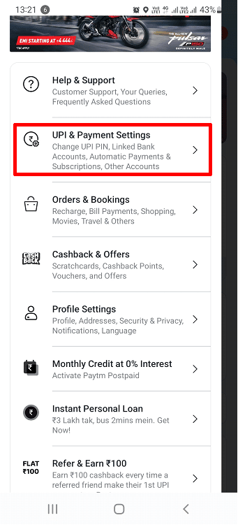 deslice hacia abajo y toque la opción UPI y configuración de pago