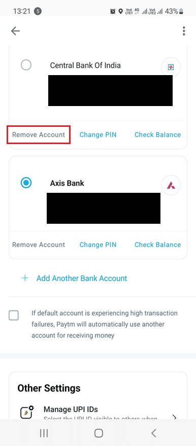 Toque la opción Eliminar cuenta de la pestaña de la cuenta deseada