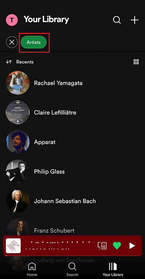 Aplicación Spotify - Tu biblioteca - Pestaña Artistas |  ¿Puedes ver tus estadísticas actuales de Spotify?