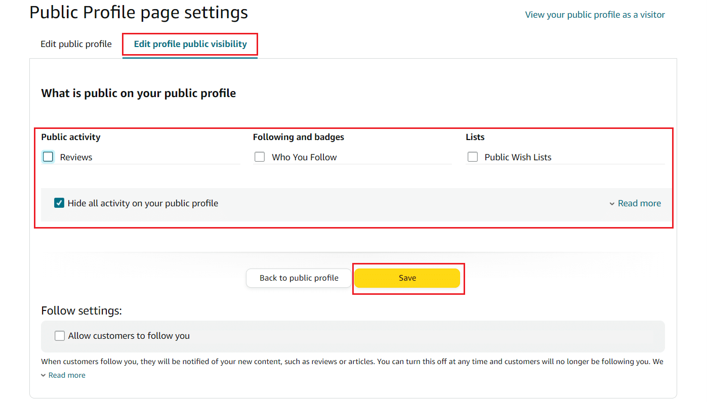 Editar pestaña de visibilidad pública del perfil - cambios deseados - Guardar | Cómo cambiar el nombre en la cuenta de Amazon