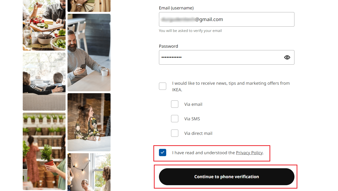 Marque la casilla de verificación de los Términos y condiciones y haga clic en Continuar con la verificación telefónica |  Cómo eliminar una cuenta IKEA