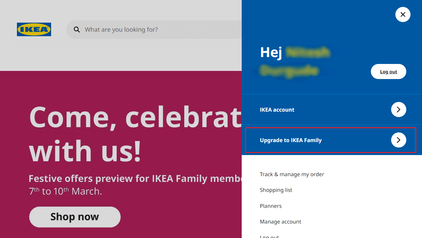 Haz clic en la opción Actualizar a IKEA Family |  Cómo eliminar una cuenta IKEA