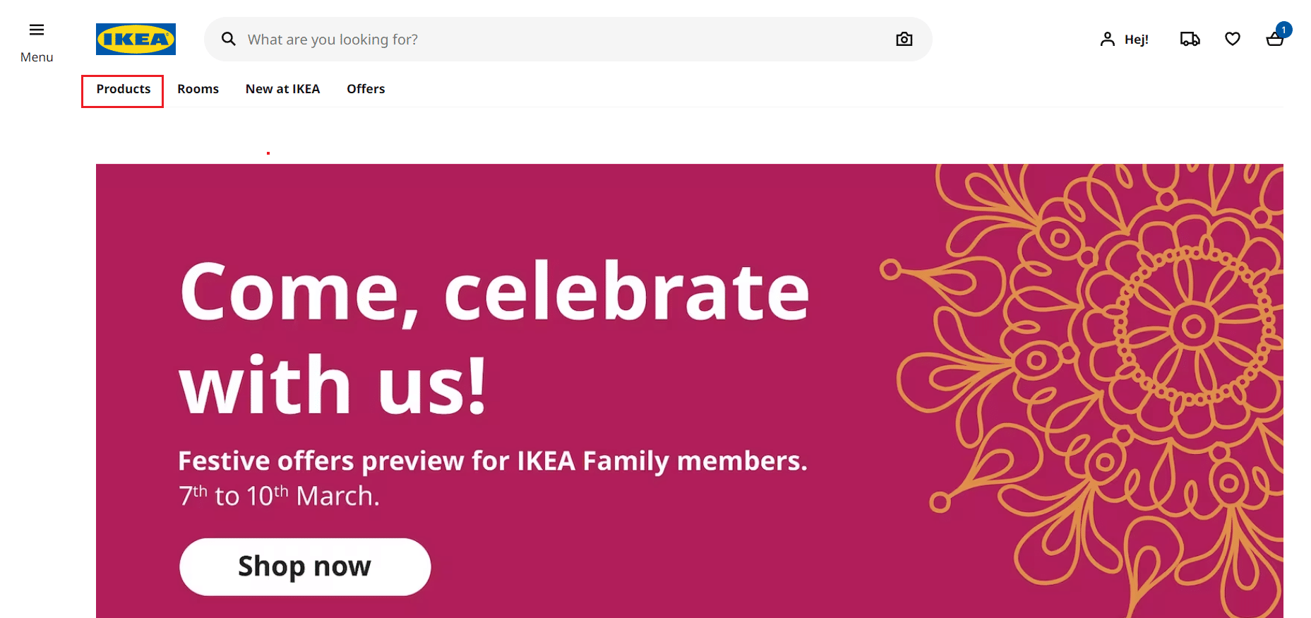 navega a la página de inicio de IKEA y haz clic en la opción Productos de la parte superior |  Cómo eliminar una cuenta IKEA