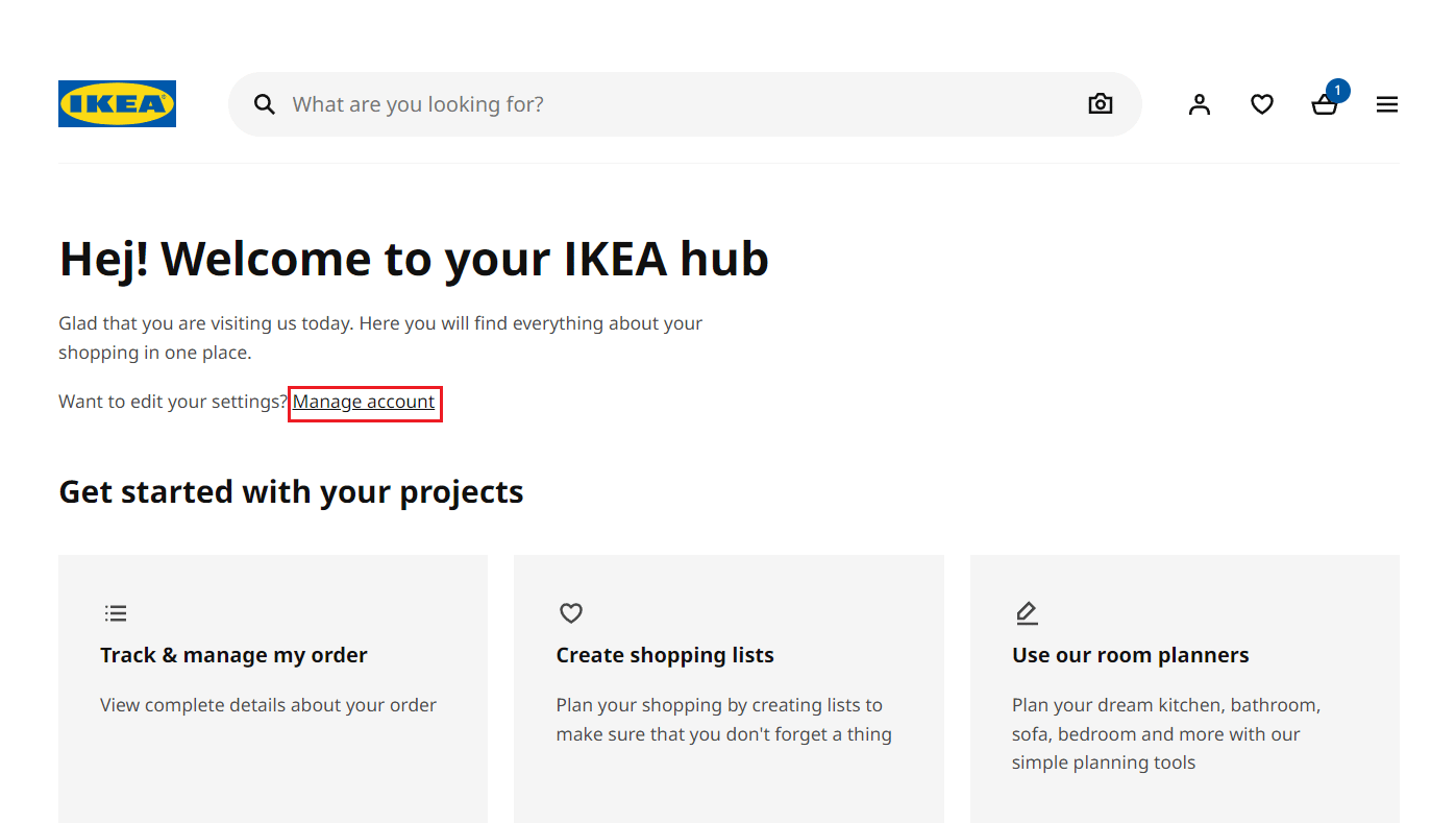 Haga clic en el enlace Administrar cuenta |  Cómo eliminar una cuenta IKEA