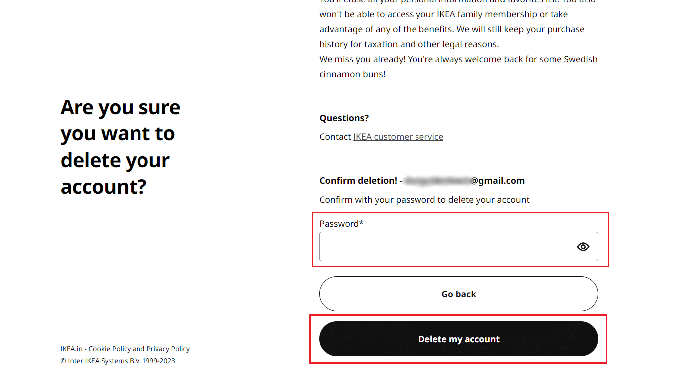 introduce la contraseña de tu cuenta IKEA y haz clic en Eliminar mi cuenta |  Cómo eliminar una cuenta IKEA