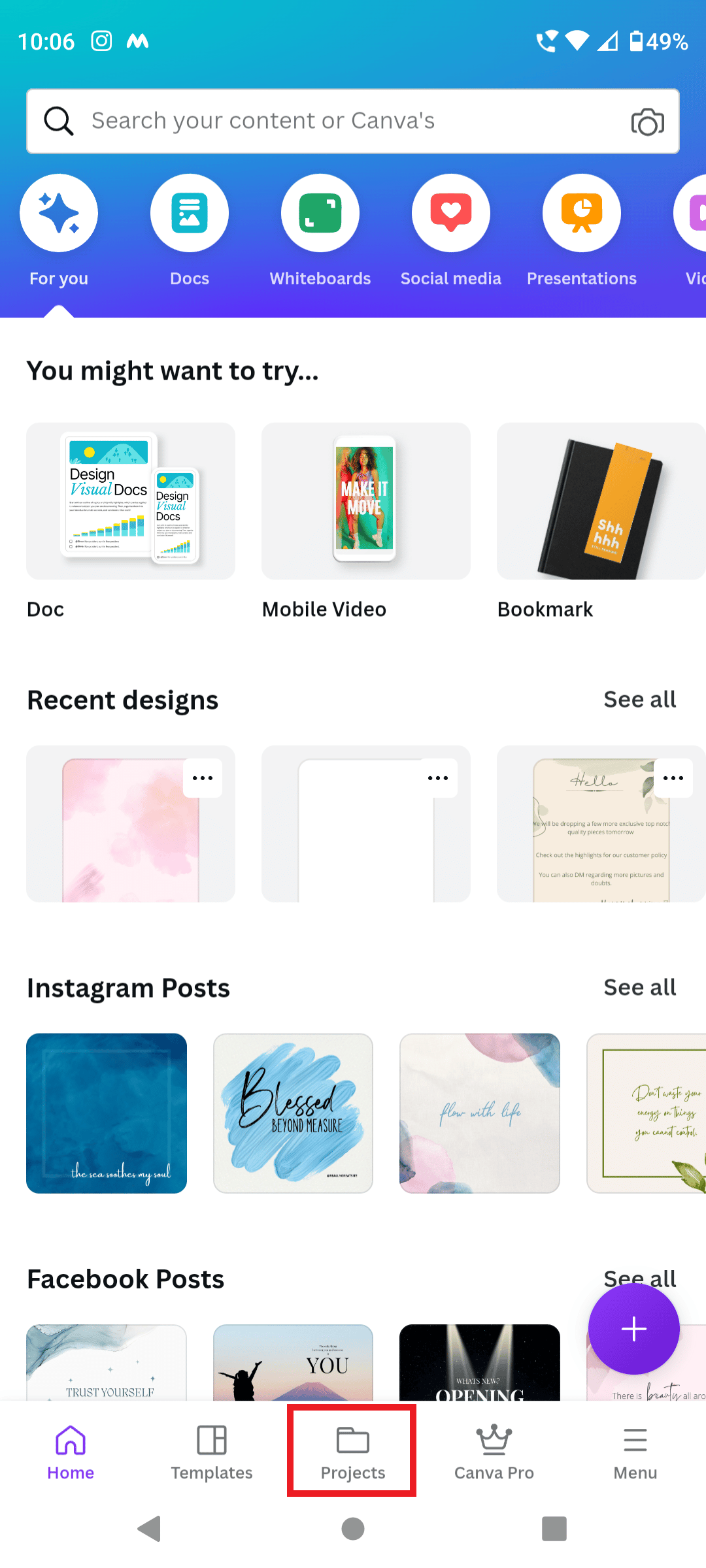 Toca Proyectos en canva |  cómo agregar texto en Canva móvil