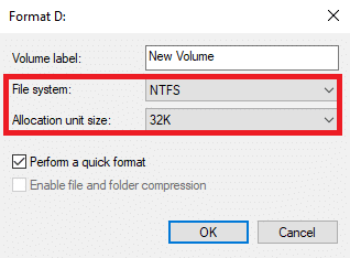 Seleccione el nivel de volumen como NTFS y el tamaño de la unidad de asignación como 32K