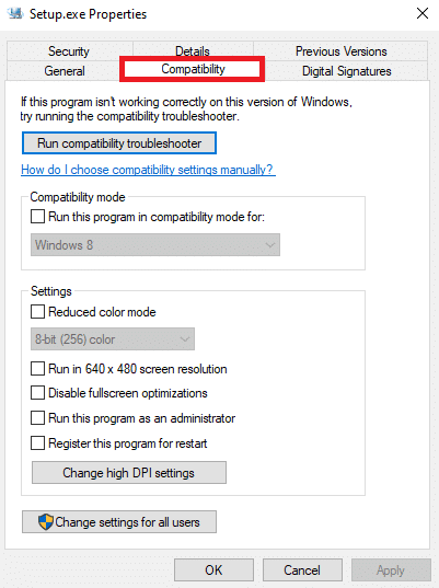 vaya a la pestaña Compatibilidad.  Cómo reparar 0x80070015 Bitlocker el dispositivo no está listo Error