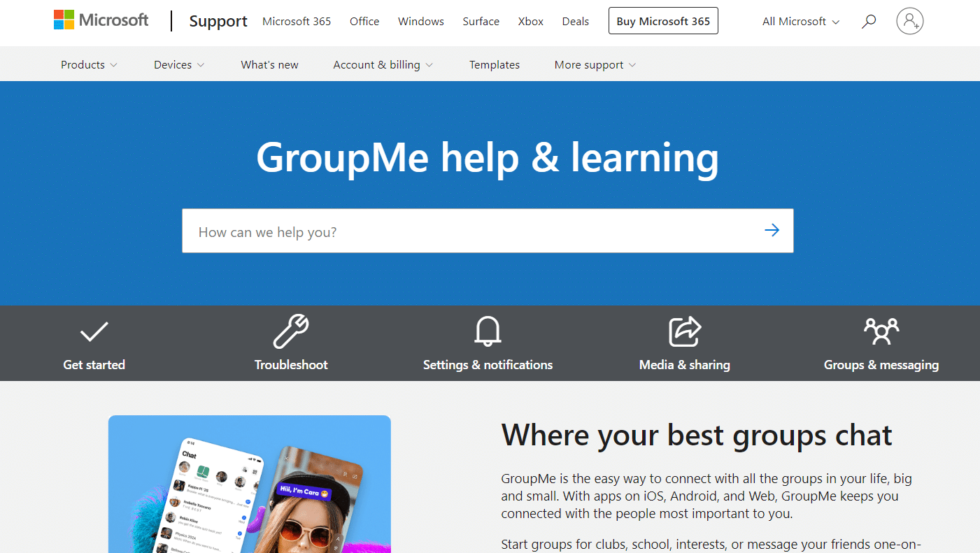 Página de ayuda y aprendizaje de GroupMe