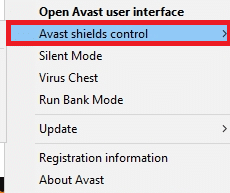 seleccione la opción de control de escudos de Avast. 