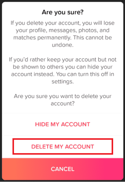 Toca ELIMINAR MI CUENTA.  9 formas de arreglar Tinder Algo salió mal Error 40036