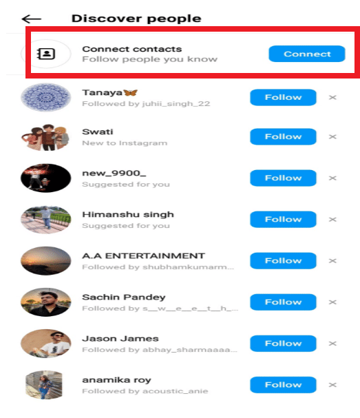 toca Conectar contactos | Cómo encontrar y ver contactos en Instagram