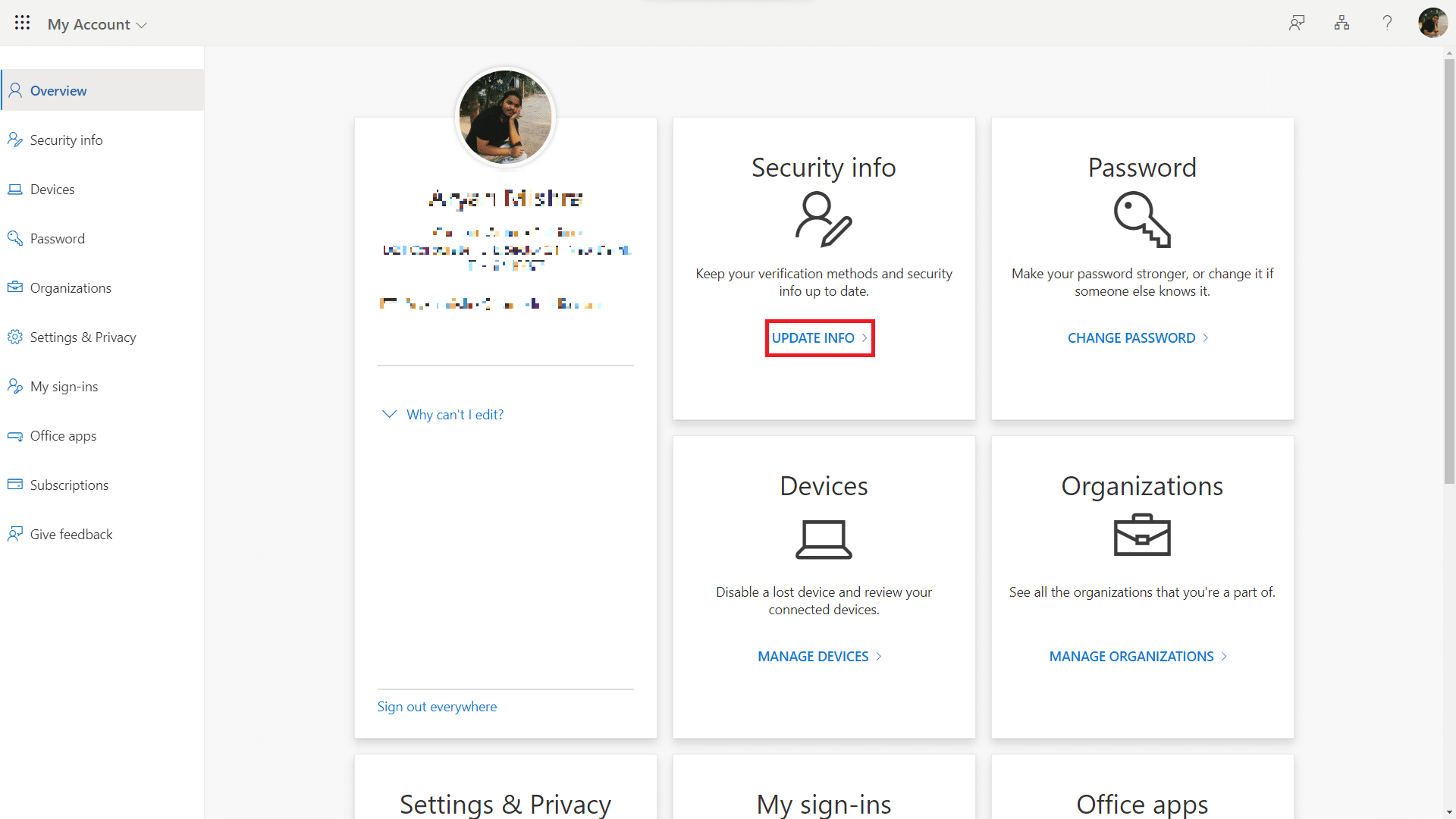 En Información de seguridad, haga clic en ACTUALIZAR INFORMACIÓN.