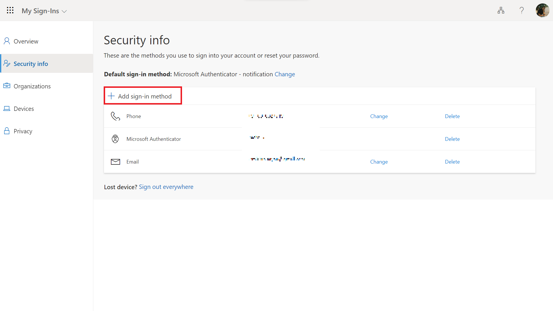En la página de información de seguridad, haga clic en Agregar método de inicio de sesión