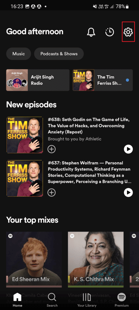 Toque el icono de engranaje de Configuración.  Arreglar el lienzo de Spotify que no se muestra