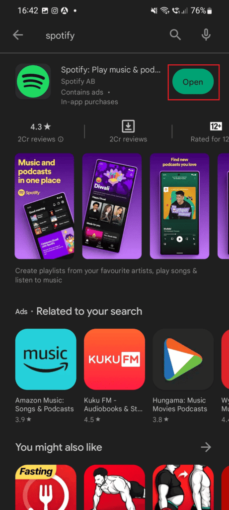 Toca el botón Abrir.  Arreglar el lienzo de Spotify que no se muestra