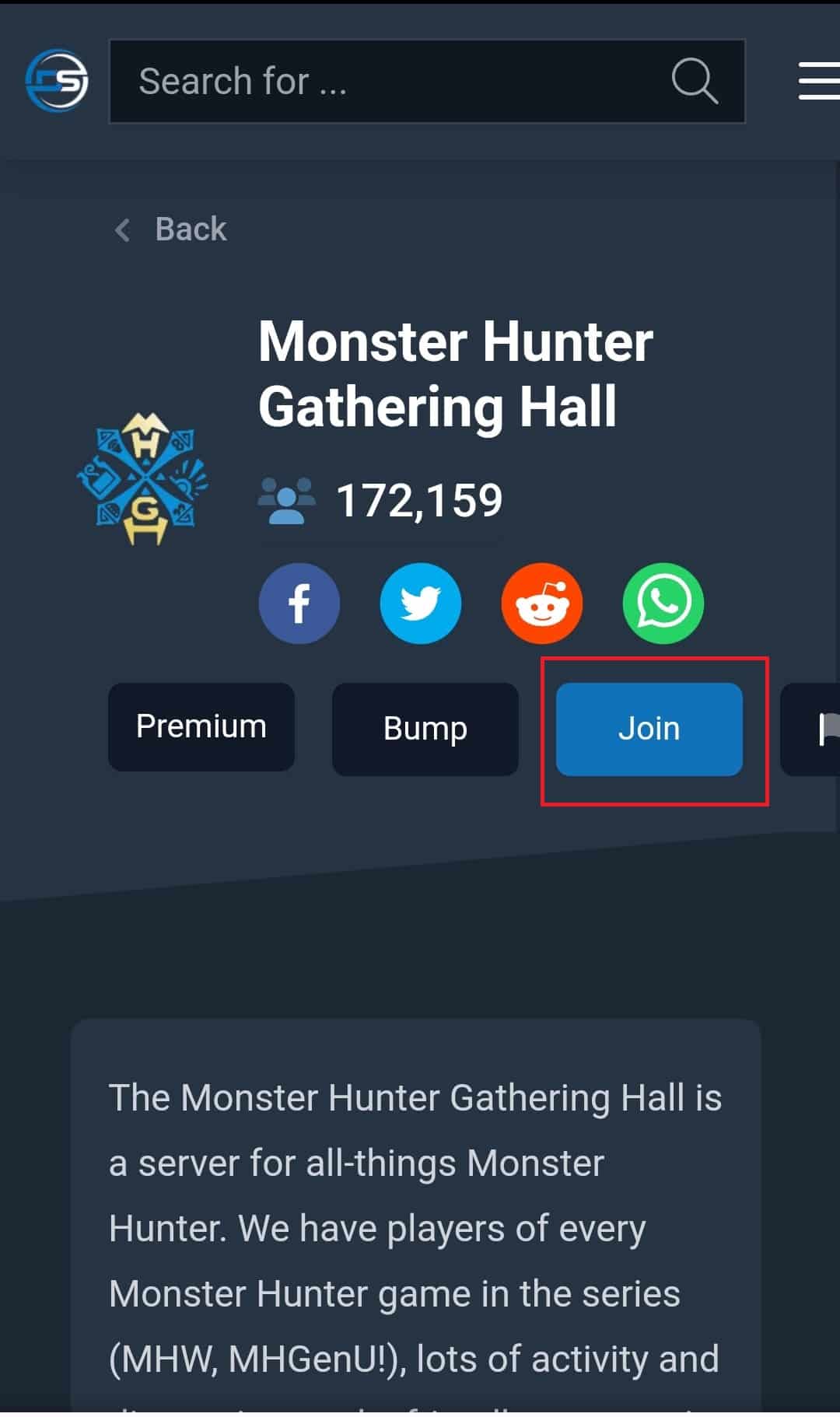 Toca la opción Unirse.  Cómo unirse al servidor Discord sin enlace en el móvil