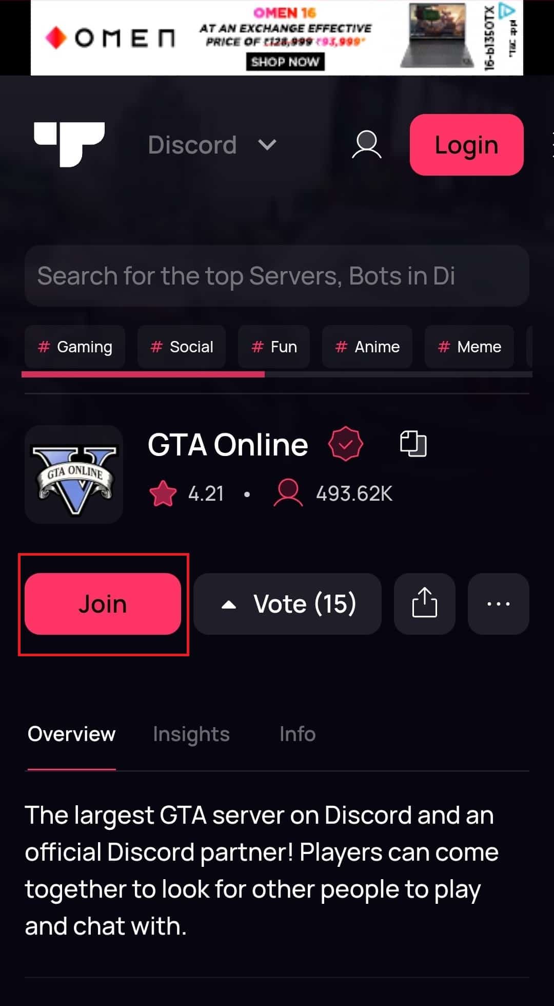 Toca la opción Unirse.  Cómo unirse al servidor Discord sin enlace en el móvil