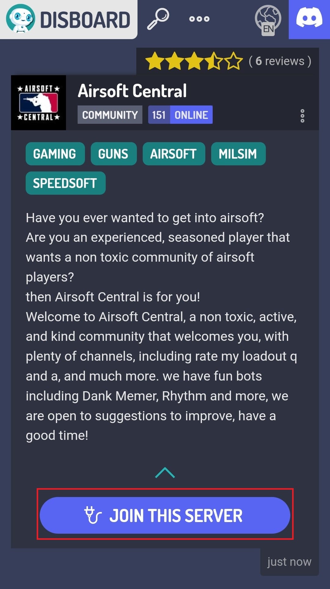 Toque la opción Unirse a este servidor.  Cómo unirse al servidor Discord sin enlace en el móvil