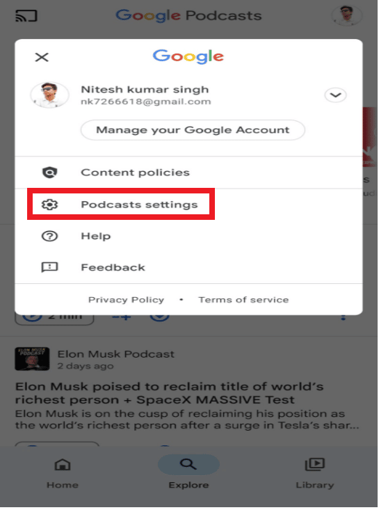 Toque el ícono Perfil - Configuración de Podcasts | ¿Puedo eliminar Google Podcasts en mi teléfono?