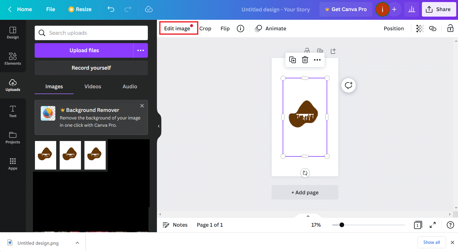 Haga clic en Editar imagen | Cómo crear un efecto de sombra en Canva