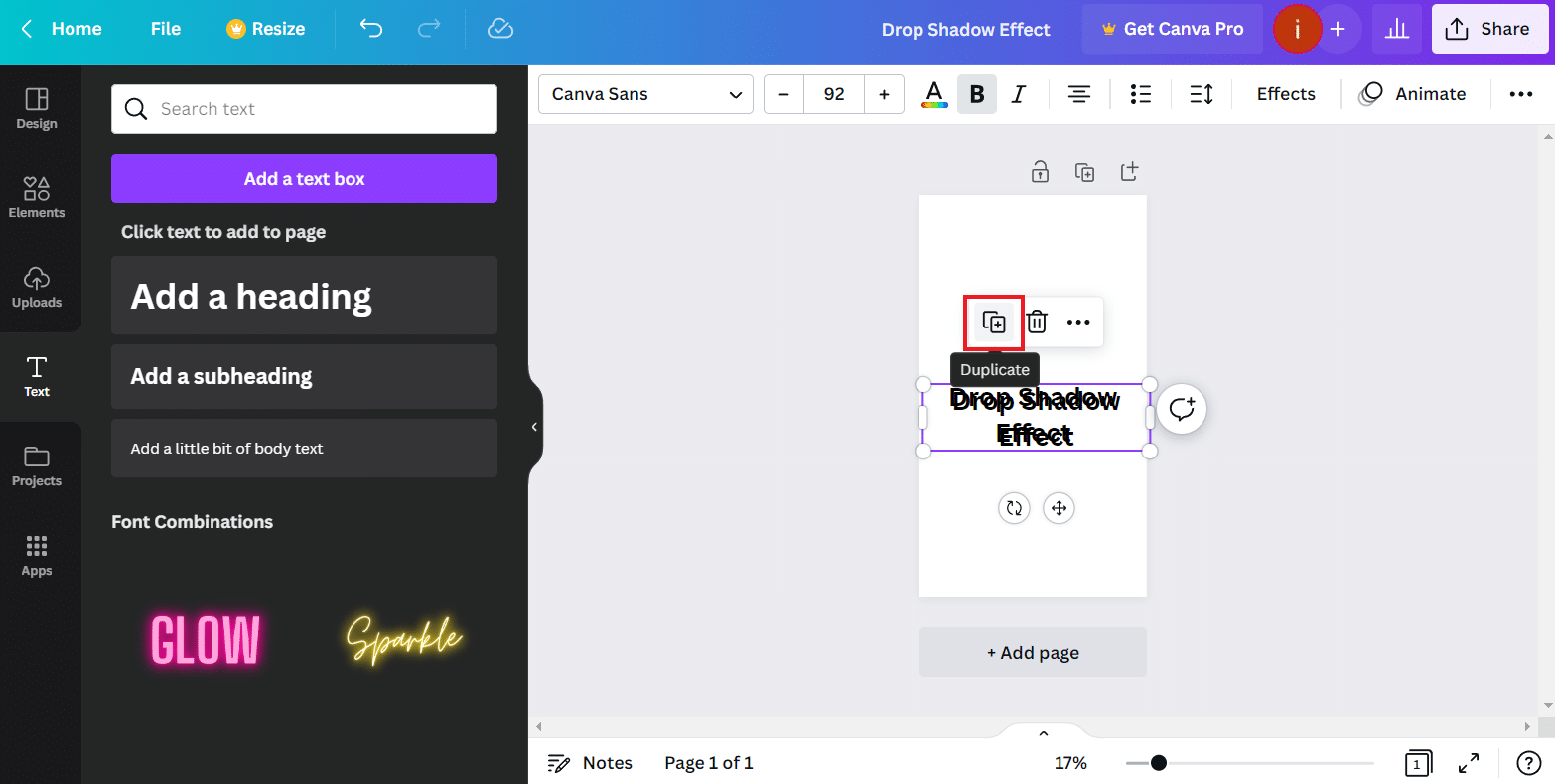 Seleccione el icono Duplicar | Cómo crear un efecto de sombra en Canva