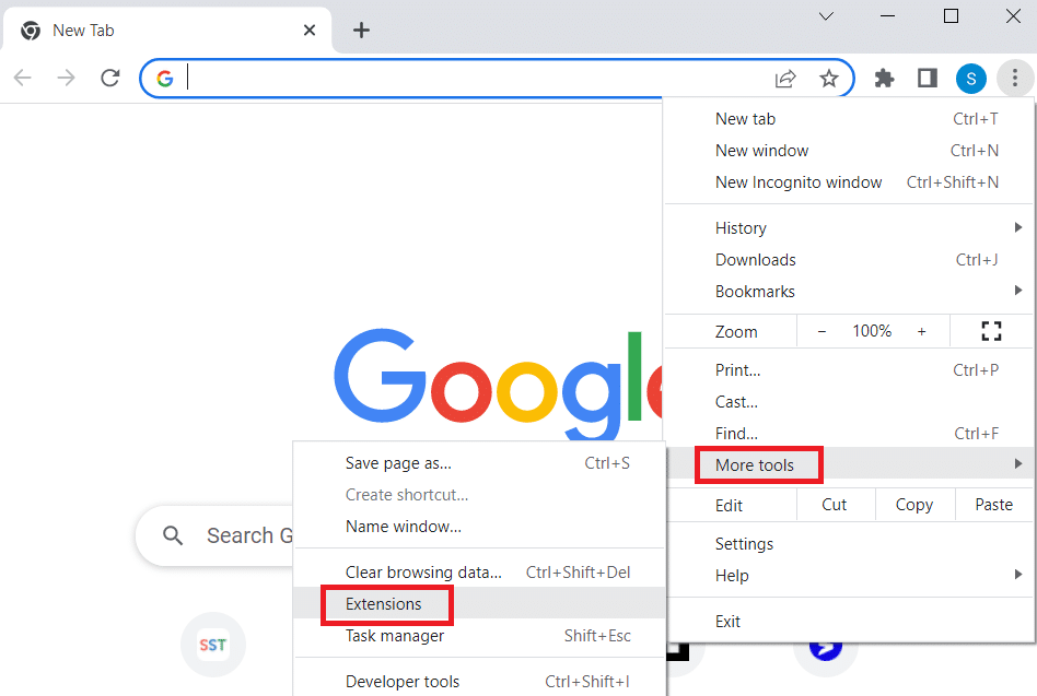 haga clic en Más herramientas y seleccione Extensiones