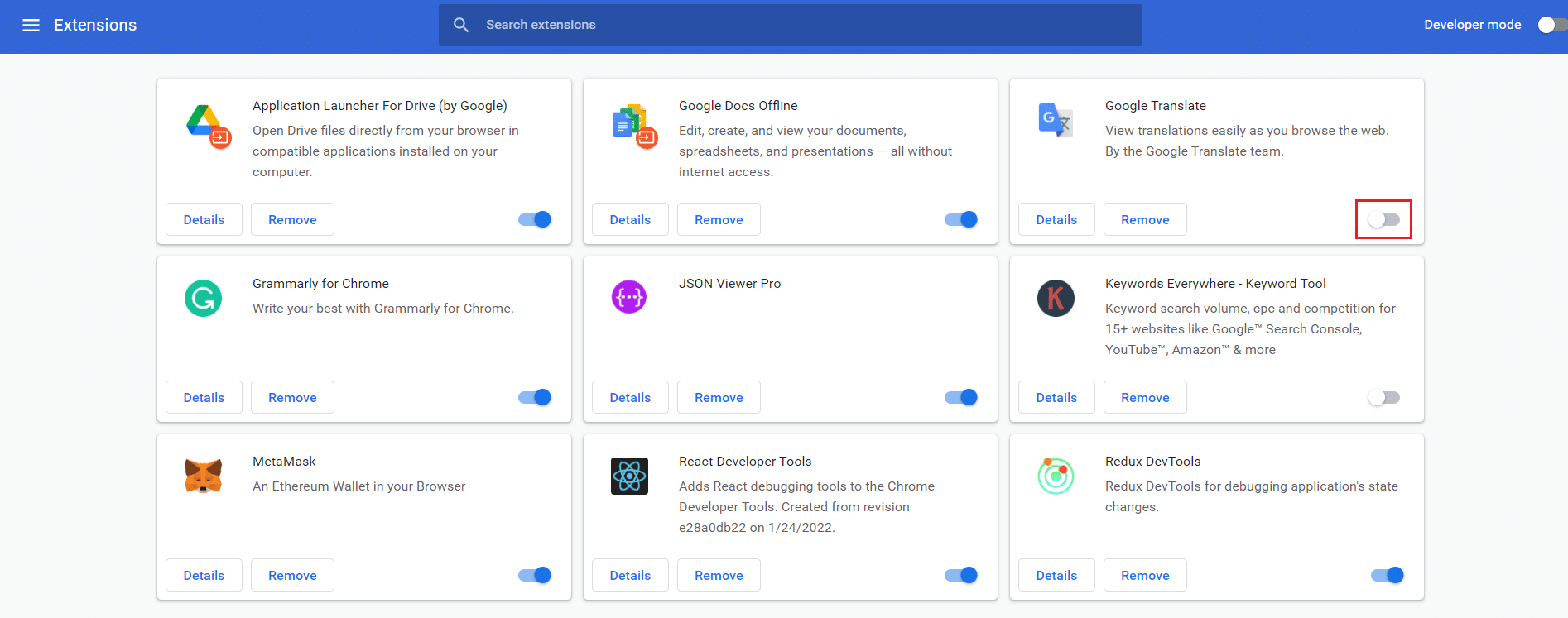 apague la palanca para la extensión Google Translate en Google Chrome. Arreglar el error prohibido de Chat GPT 403