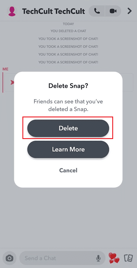 Toque Eliminar en la ventana emergente Eliminar complemento |  Cómo cancelar el envío de un mensaje en Snapchat