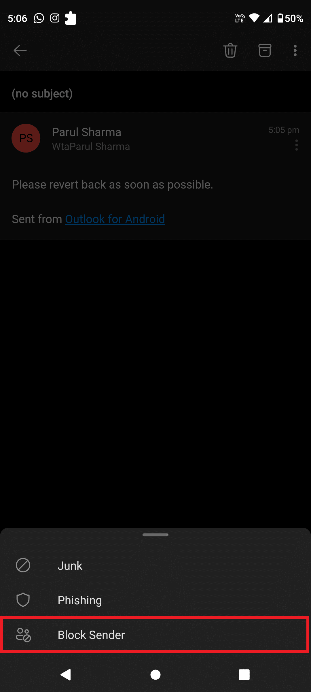 toca Bloquear remitente |  Cómo bloquear correos electrónicos en Outlook