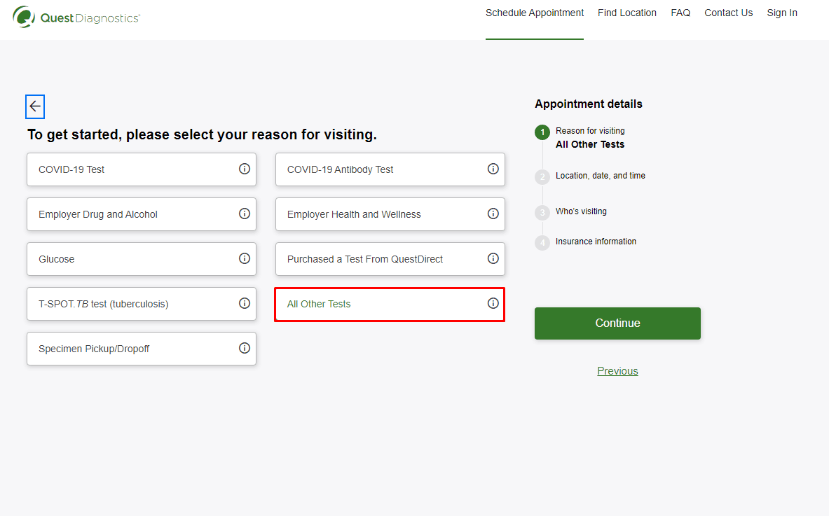 elija Todas las demás pruebas.  |  ¿Cómo acepta Quest Diagnostics Walk Ins?