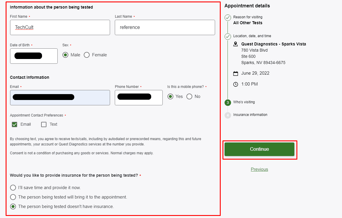 Complete su información que incluye su nombre e información de contacto.  Luego, haga clic en Continuar