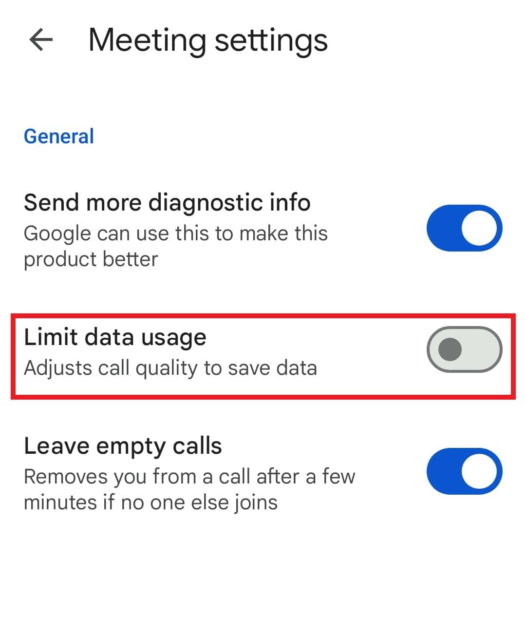 Activa Limitar uso de datos. Arreglar Google Meet desconectándose con frecuencia