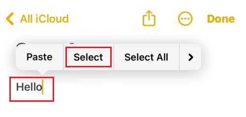 Toque la opción Seleccionar del menú emergente y seleccione el texto deseado