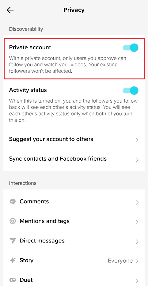 TikTok alternar en cuenta privada
