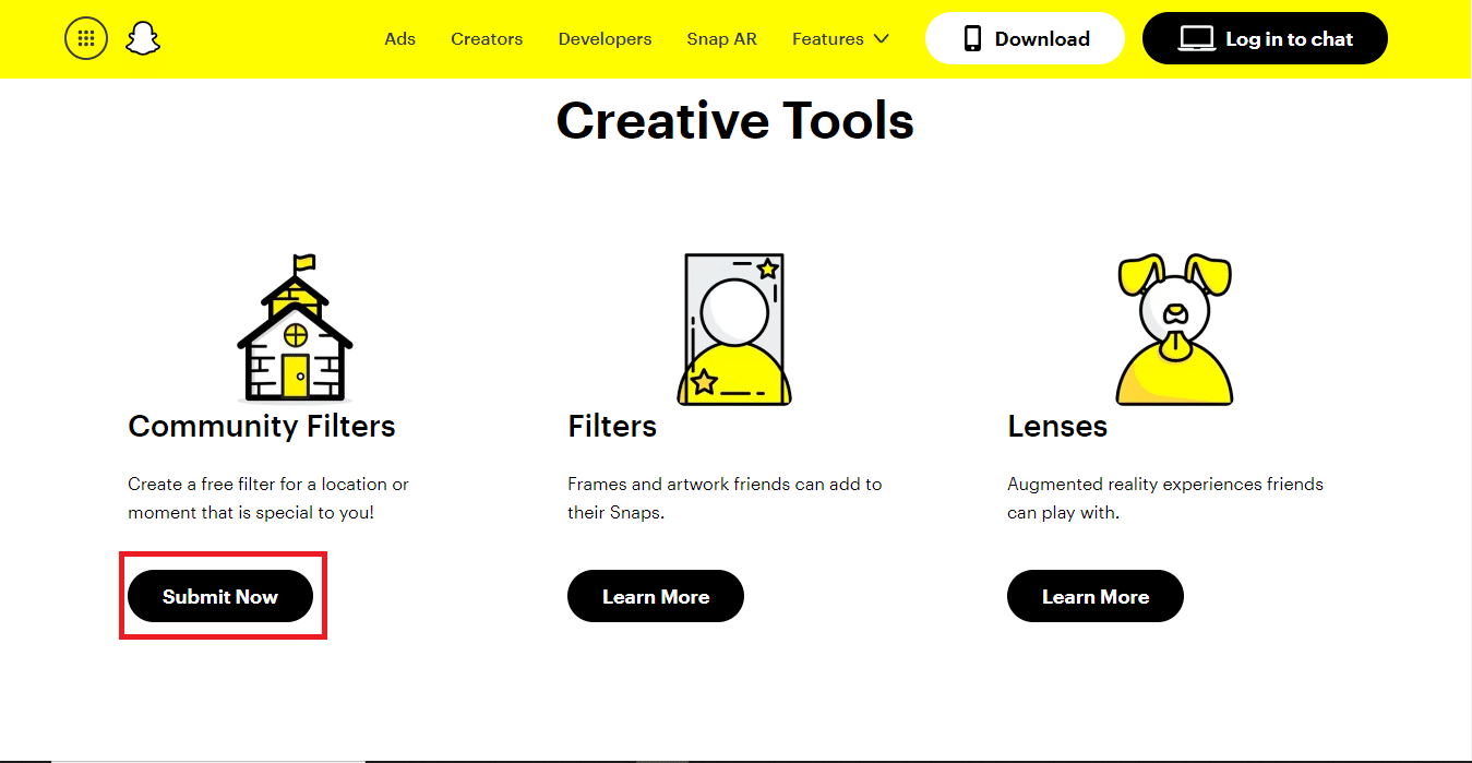 vaya a Filtros de la comunidad y haga clic en Enviar ahora.  Cómo crear un filtro de Snapchat gratis