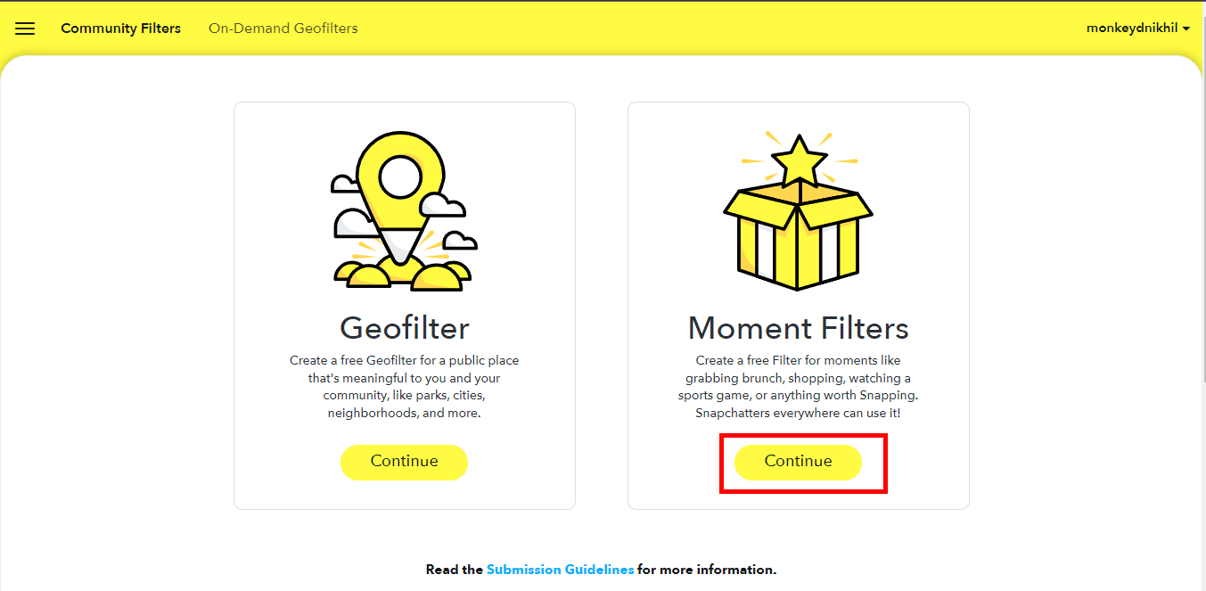 Haga clic en continuar de Filtros de momento.  Cómo crear un filtro de Snapchat gratis