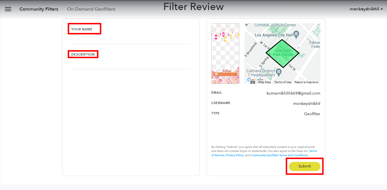 Envíe su filtro agregando su nombre y descripción.  Cómo crear un filtro de Snapchat gratis