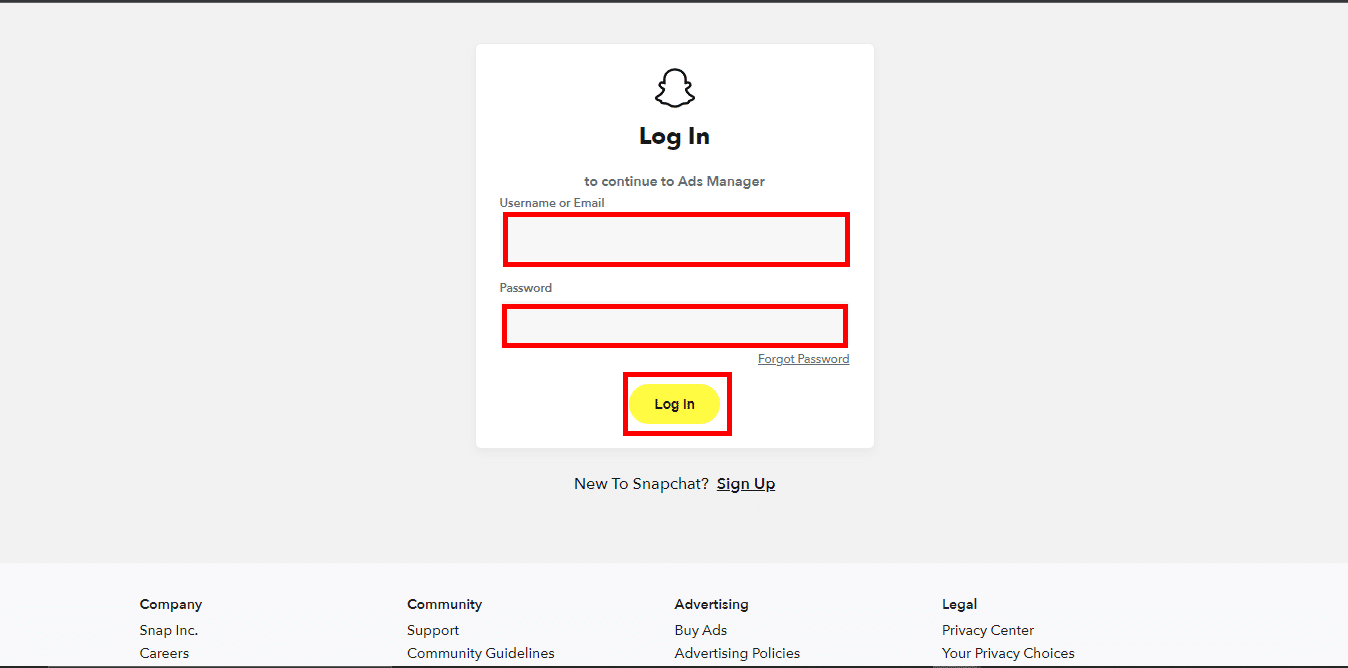Inicie sesión en su cuenta de Snapchat.  Cómo crear un filtro de Snapchat gratis