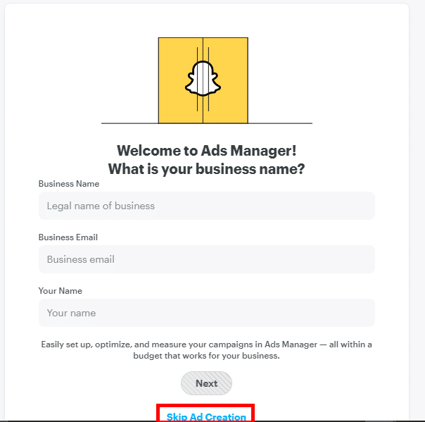 haga clic en Saltar creación de anuncios.  Perfil del creador de lentes de Snapchat