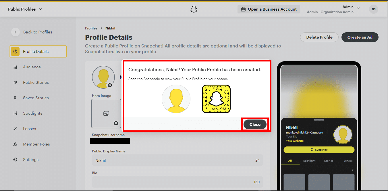 Se le mostrará un mensaje de felicitación y luego haga clic en Cerrar.  Perfil del creador de lentes de Snapchat