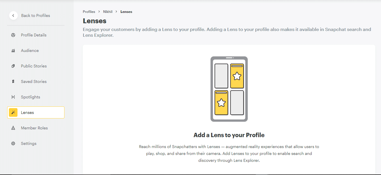 Puede ver sus lentes y también actualizar su lente también desde aquí.  Perfil del creador de lentes de Snapchat