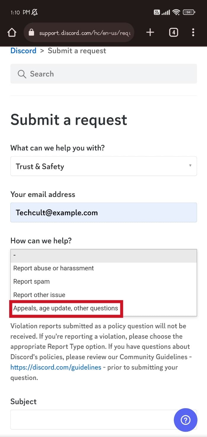 toque la opción Actualizar otras preguntas de la edad de apelación.  Cómo cambiar la edad en Discord