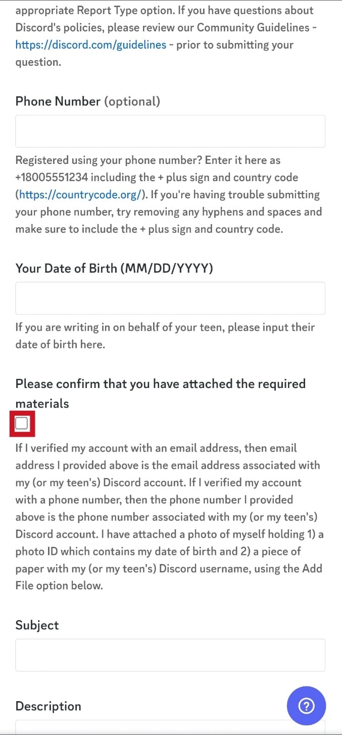 Confirme que ha adjuntado los materiales requeridos.  Cómo cambiar la edad en Discord