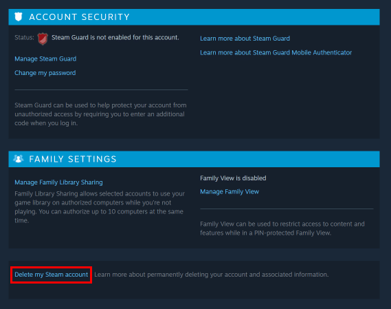 En Detalles de la cuenta, desplácese hacia abajo y haga clic en la opción Eliminar mi cuenta de Steam.  |  ¿Se puede eliminar de forma permanente una cuenta de Steam?