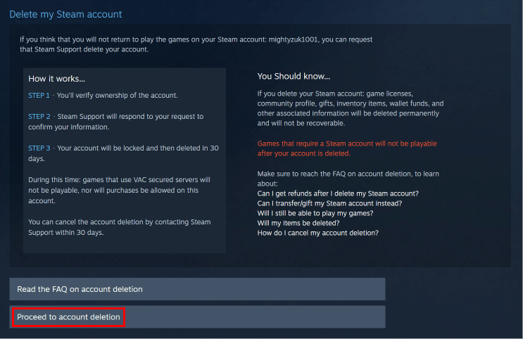 Haga clic en el botón Proceder a la eliminación de la cuenta en la parte inferior.