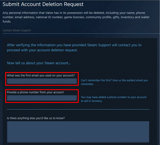 Ingrese su primer correo electrónico utilizado, un número de contacto y escriba Quiero eliminar mi cuenta en el bloque de descripción.