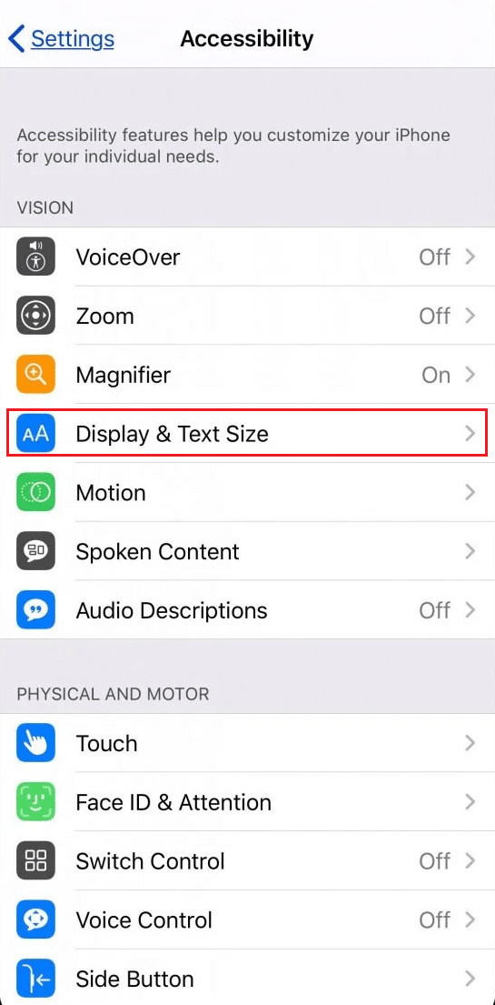 toque la opción Tamaño de pantalla y texto